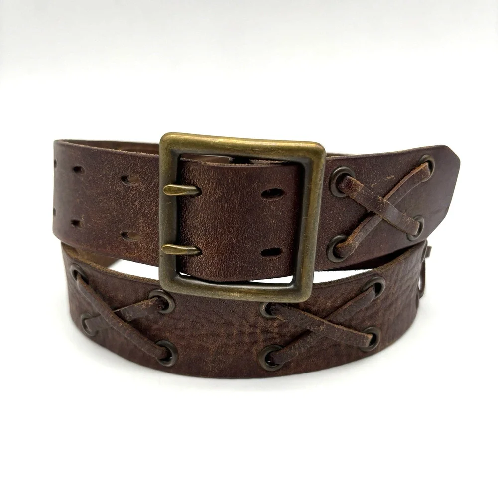 Vintage Y2K American Eagle Brown Leather X-laced Double Prong Belt M 32-36